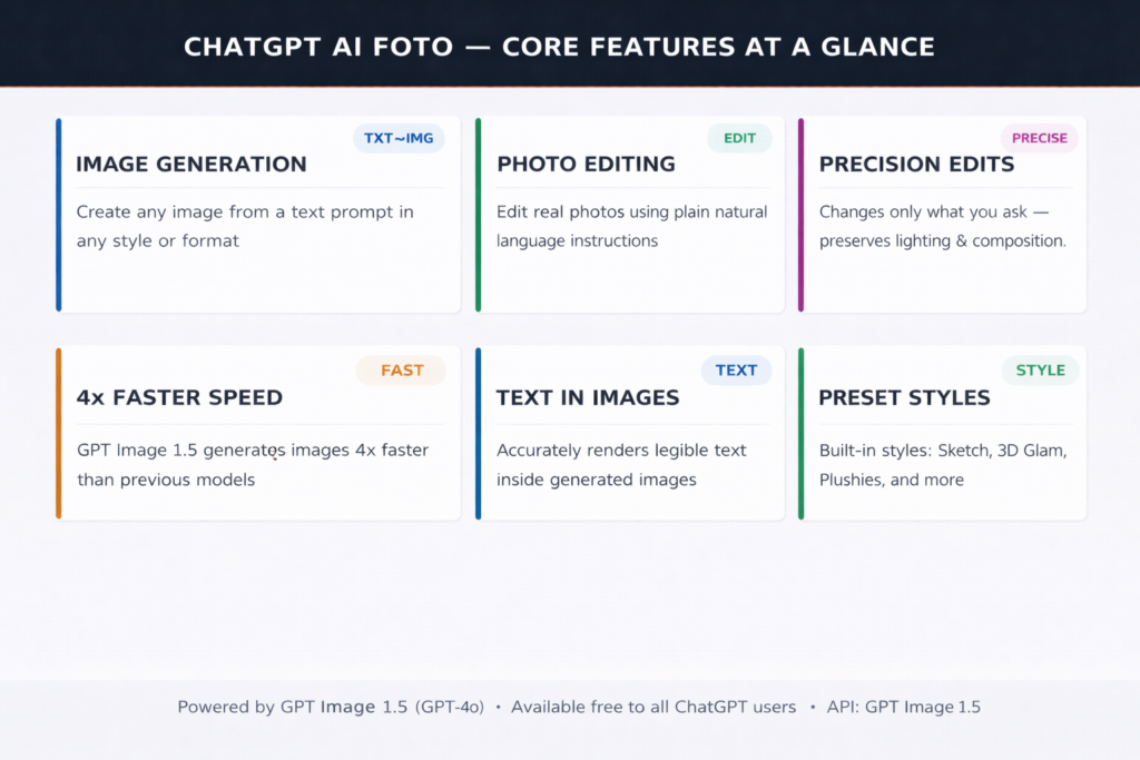 Fig. 1 — Six core capabilities of ChatGPT AI photo tools, powered by GPT Image 1.5 (GPT-4o)