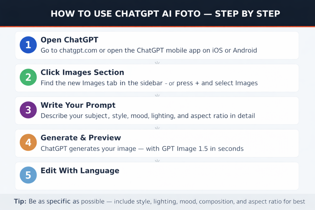 Fig. 3 — Five-step guide to generating and editing images with ChatGPT foto AI tools